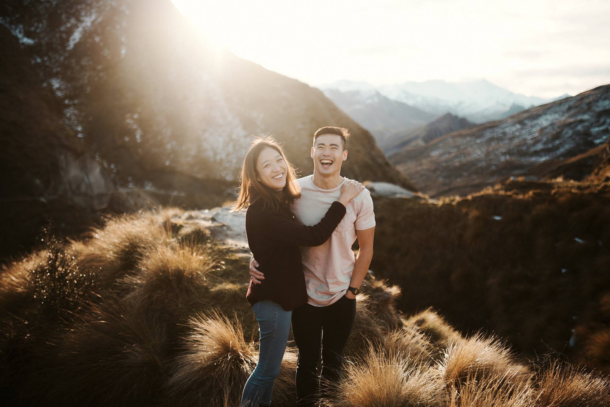 Couple engagement shoot sunset Queenstown mountains